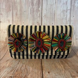 Boho Striped Raffia Clutch with Beaded Floral Accents - NWOT
